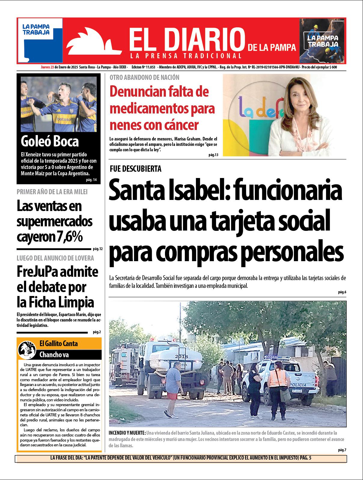 Tapa de El Diario en papel  jueves 23 de enero de 2025
